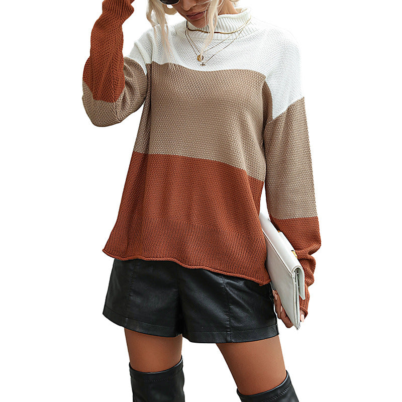 Color-Blocked Mock Neck Sweater in Textured Knit