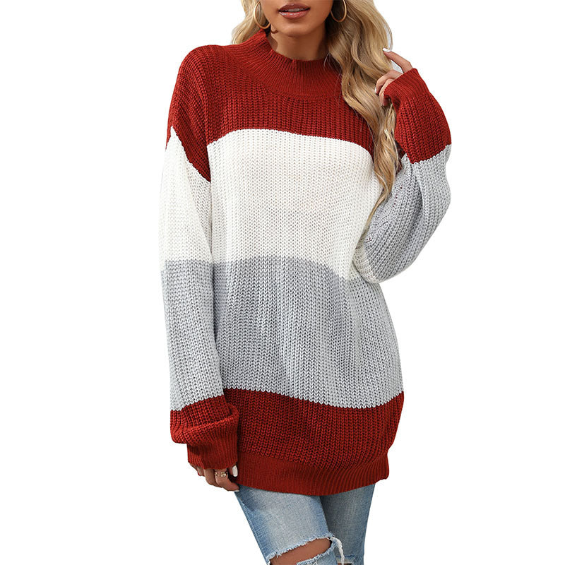 Oversized Color Block Sweater with Half-Turtleneck