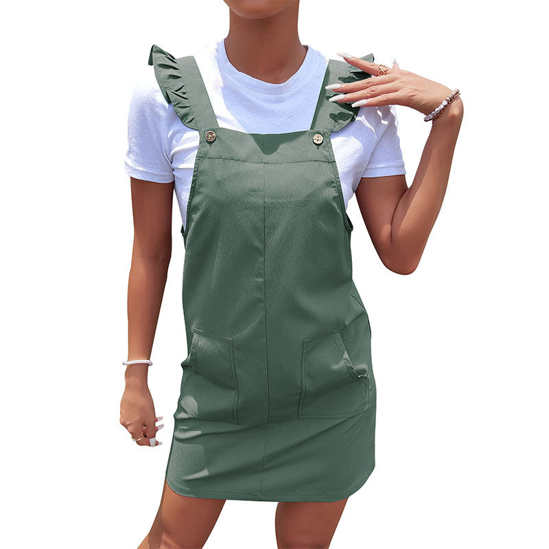 Solid A-Line Overall Mini Dress with Ruffled Straps