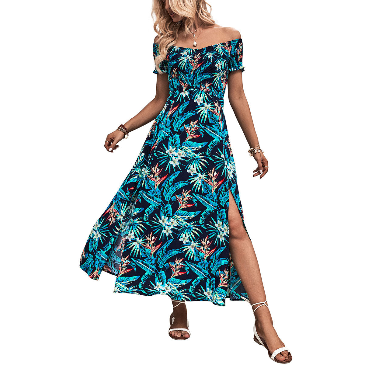 Tropical Floral A-Line Midi Dress with Off-Shoulder and Slit