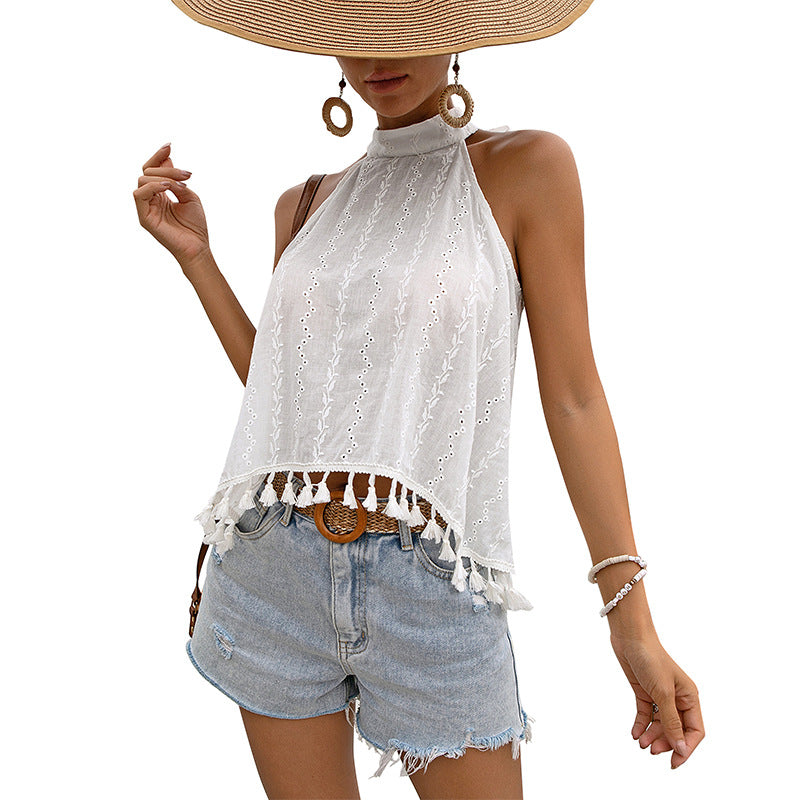 High Neck Halter Top with Eyelet Embroidery and Tassels