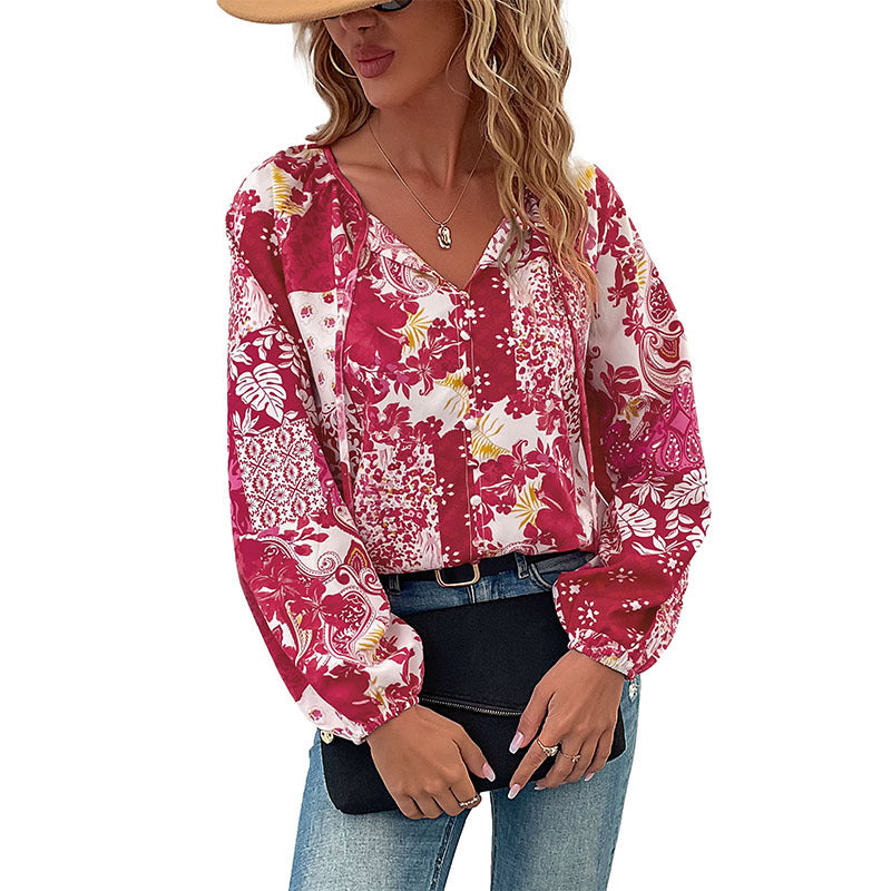 Patchwork Floral Blouse with V-Neck and Balloon Sleeves