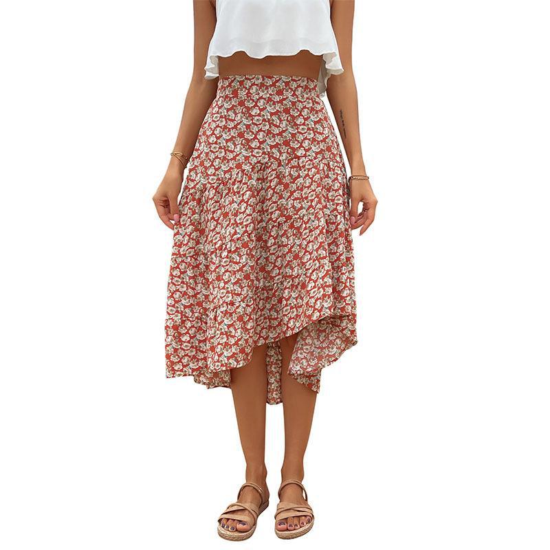 Tiered Floral Midi Skirt with High Waist and Irregular Hem