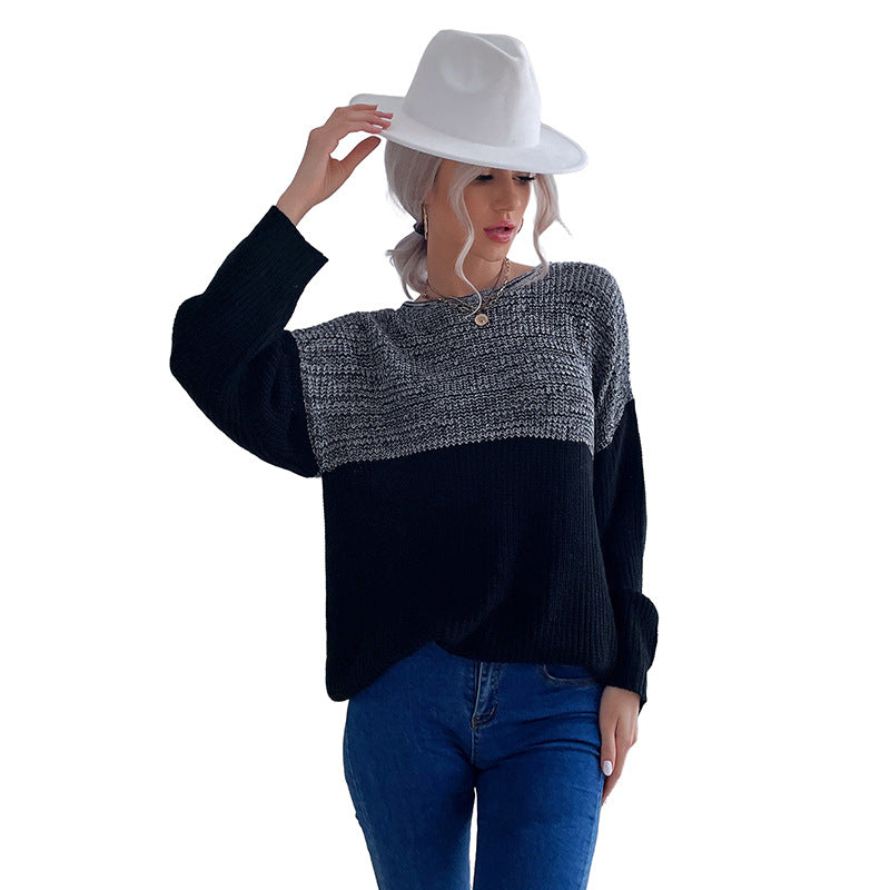 Oversized Color-Blocked Knit Sweater with Crewneck