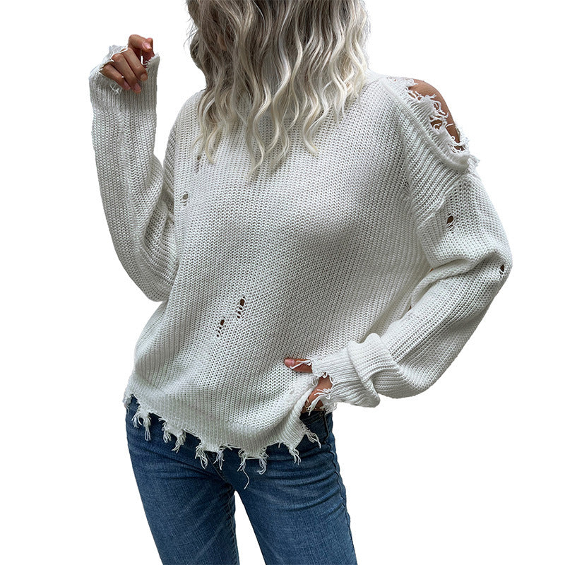 Loose Distressed Knit Pullover with Cold Shoulder Detail