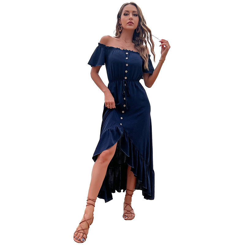 Off-the-Shoulder High-Low Dress with Button-Front Detail