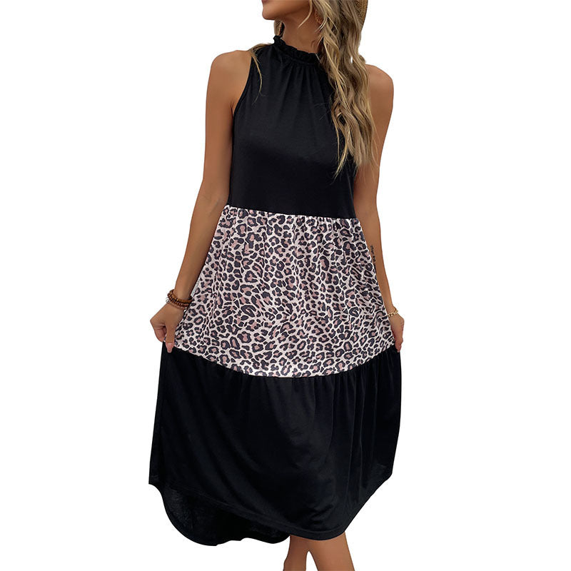 Leopard Print Patchwork Midi Dress with High-Low Hem