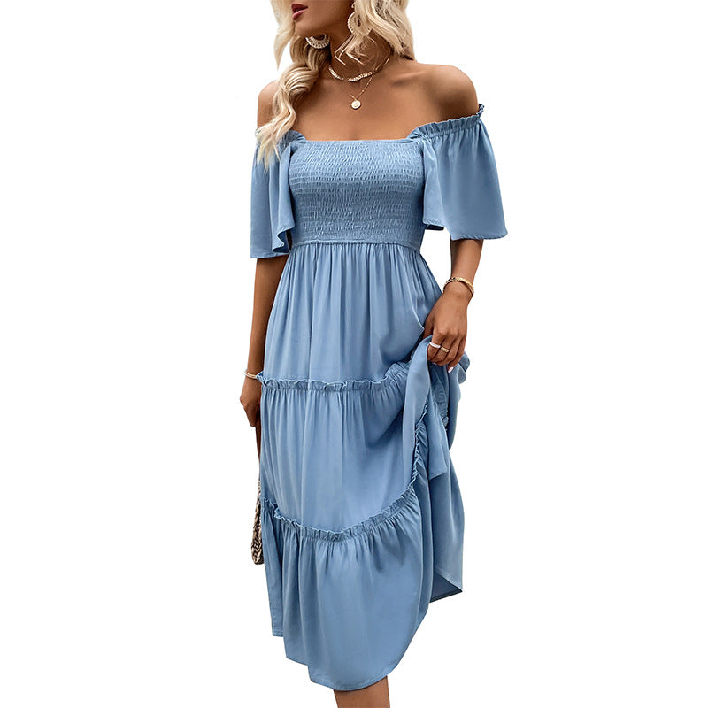 A-Line Midi Dress with Smocked Off-Shoulder and Tiered Skirt