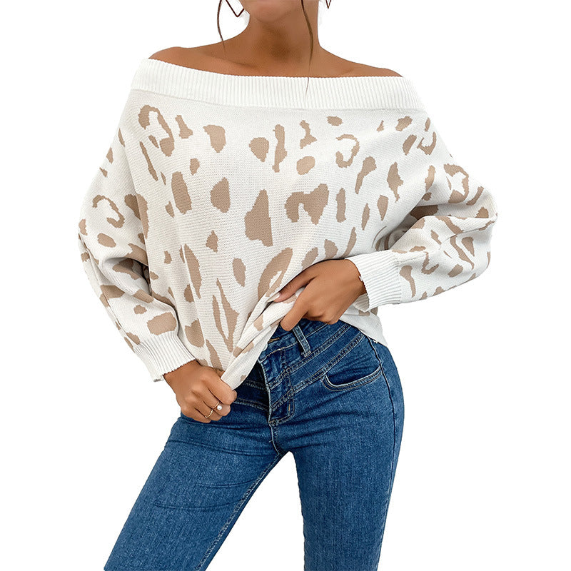 Leopard Print Off-Shoulder Knit Sweater with Long Sleeves