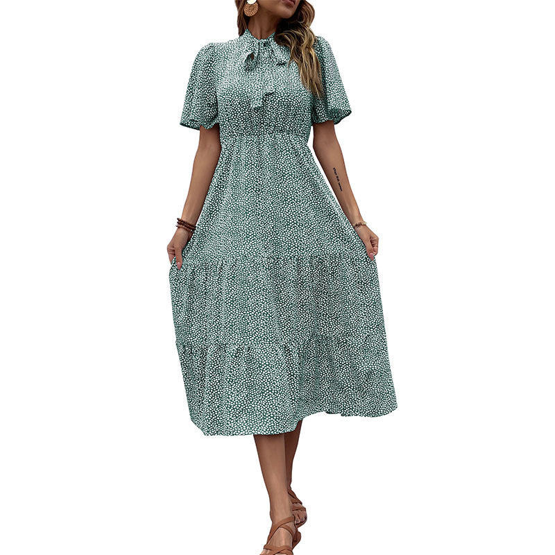 Ditsy Print Tiered Midi Dress with Tie-Neck and Flutter Sleeves