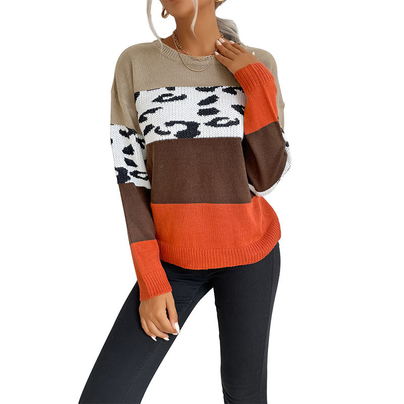 Color-Blocked Leopard Print Sweater with Crewneck