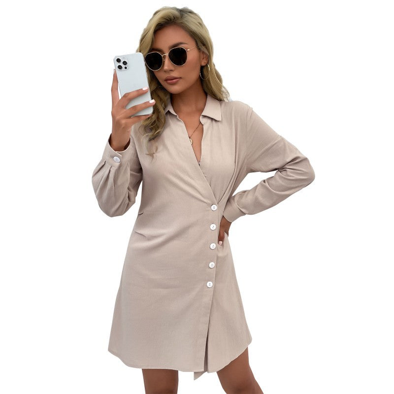 Solid Color Shirt Dress with Lapel and Button Wrap