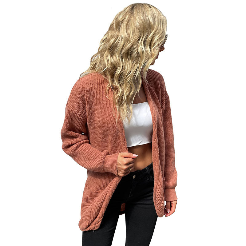 Loose Mid-Length Knit Cardigan with Braided Trim and Pockets