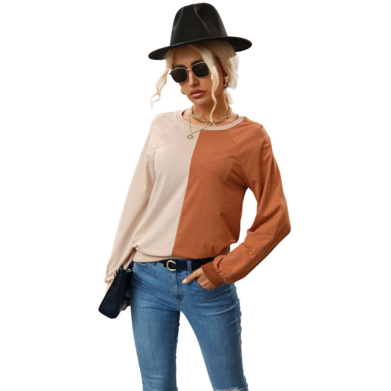 Color-Block Long-Sleeve Top with Crewneck and Relaxed Fit