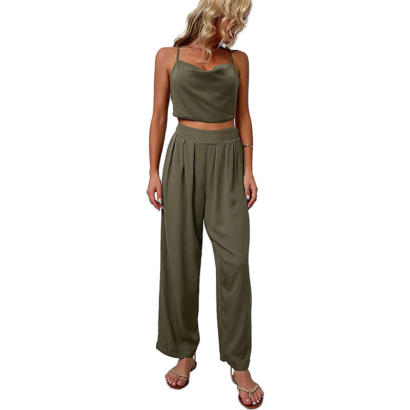 Solid Two-Piece Set with Cowl Neck Camisole and Wide-Leg Pants