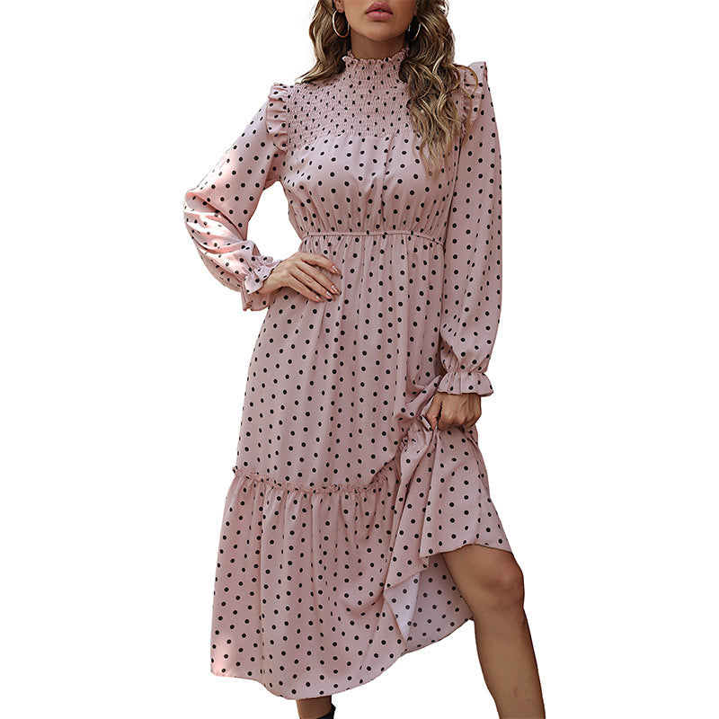 Polka Dot Midi Dress with Ruffled Smocked Neck