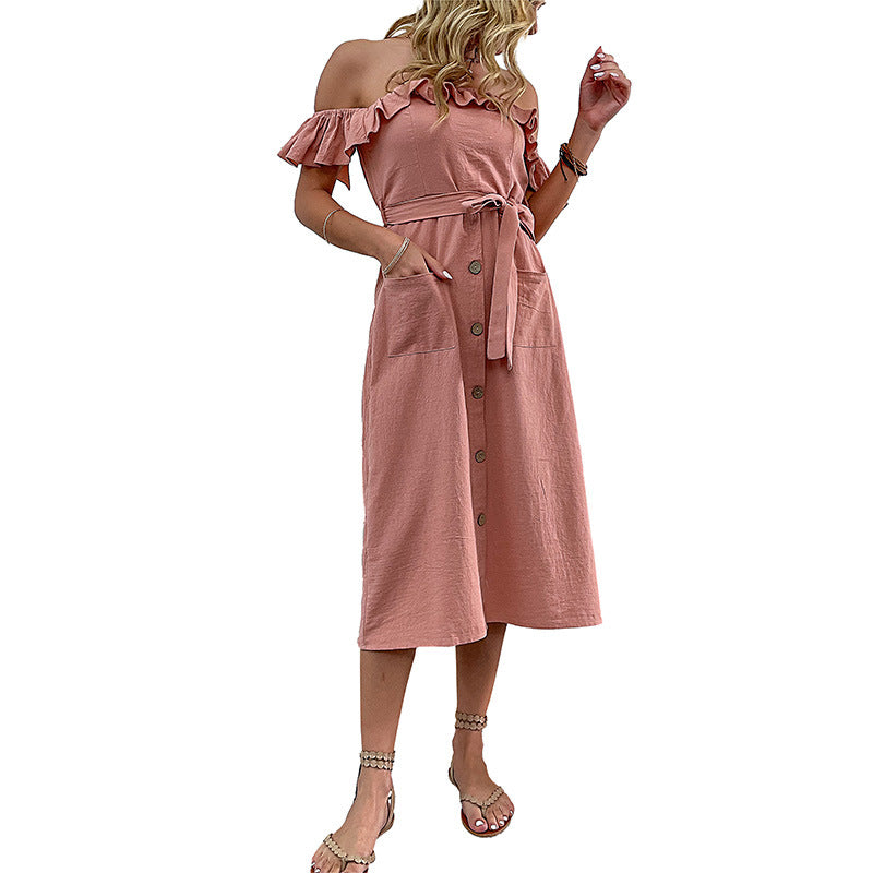 Solid A-Line Midi Dress with Off-the-Shoulder Ruffles and Tie Waist