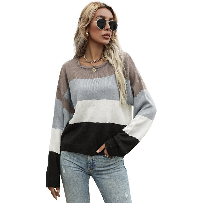 Loose Color-Block Knit Pullover with Crewneck