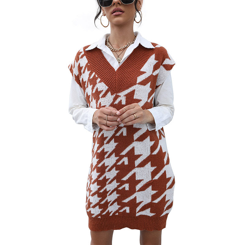 Houndstooth Knit Mini Dress with Sleeveless V-Neck