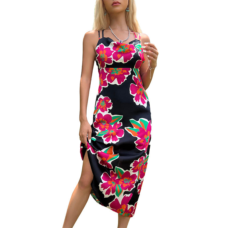 A-Line Floral Print Midi Dress with Spaghetti Straps