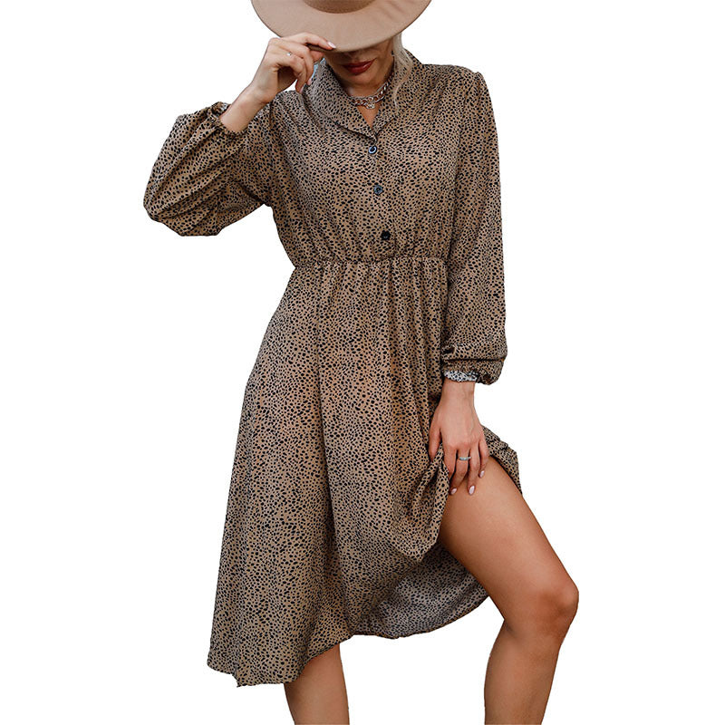 Ditsy Leopard Print Shirt Dress with Lapel Collar