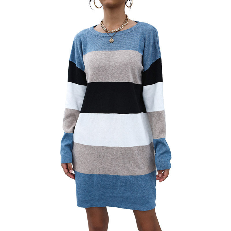 Color-Blocked Sweater Dress with Loose Fit