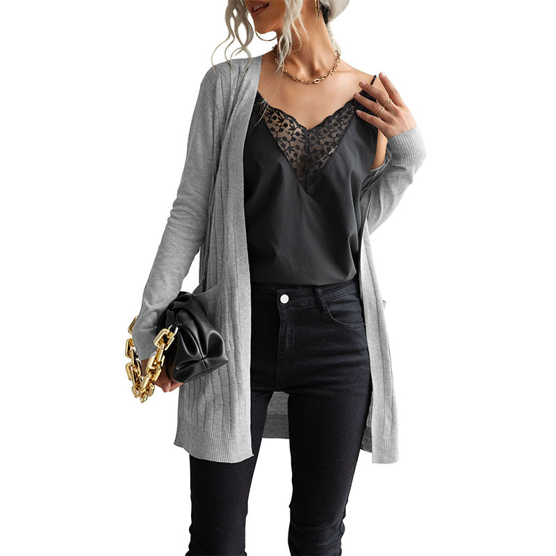 Ribbed Cardigan with Long Length and Pockets