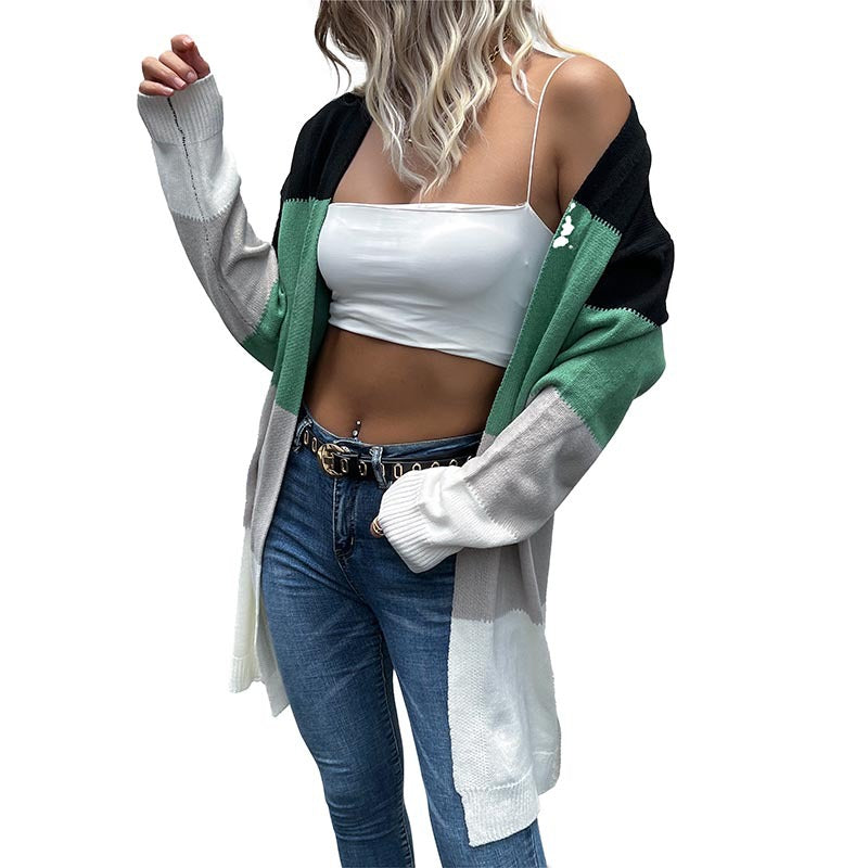 Color-Blocked Long Cardigan with Open Front and Loose Fit