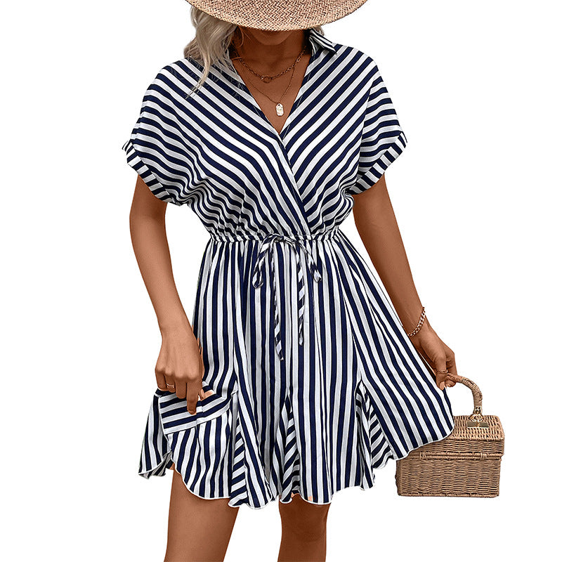 Striped Shirt Dress with Drawstring Waist and Ruffle Hem
