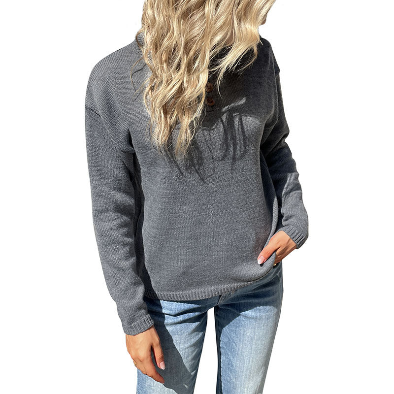 Loose Solid Color Knit Pullover with Buttoned Henley Neck