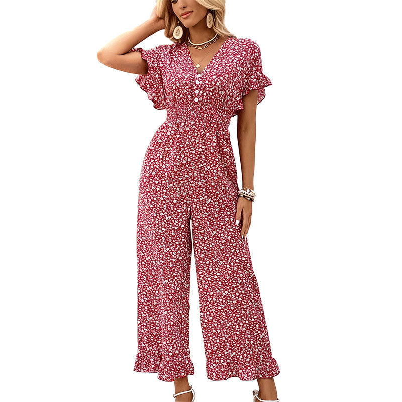 Red Floral Print Jumpsuit with Flutter Sleeves and Cropped Leg