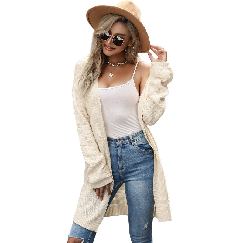 Solid Long Cardigan with Open Front and Ribbed Knit