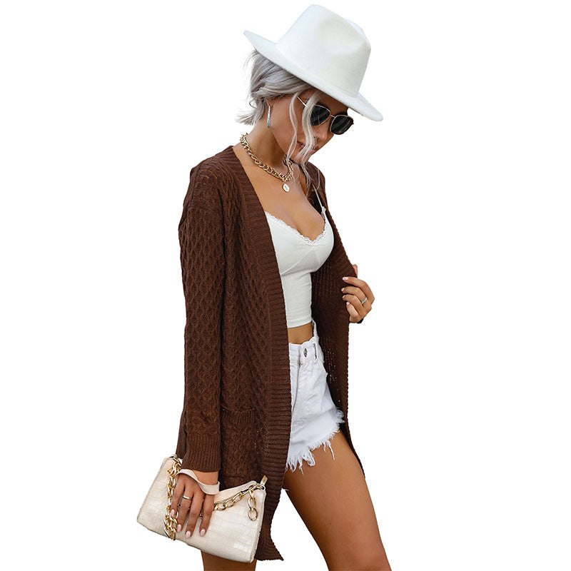 Mid-Length Cable Knit Cardigan with Open Front