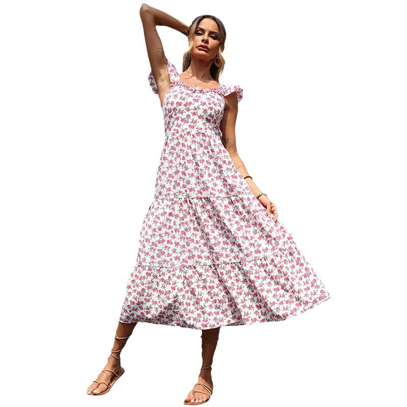 Floral Tiered Midi Dress with Ruffle Straps and Backless Detail