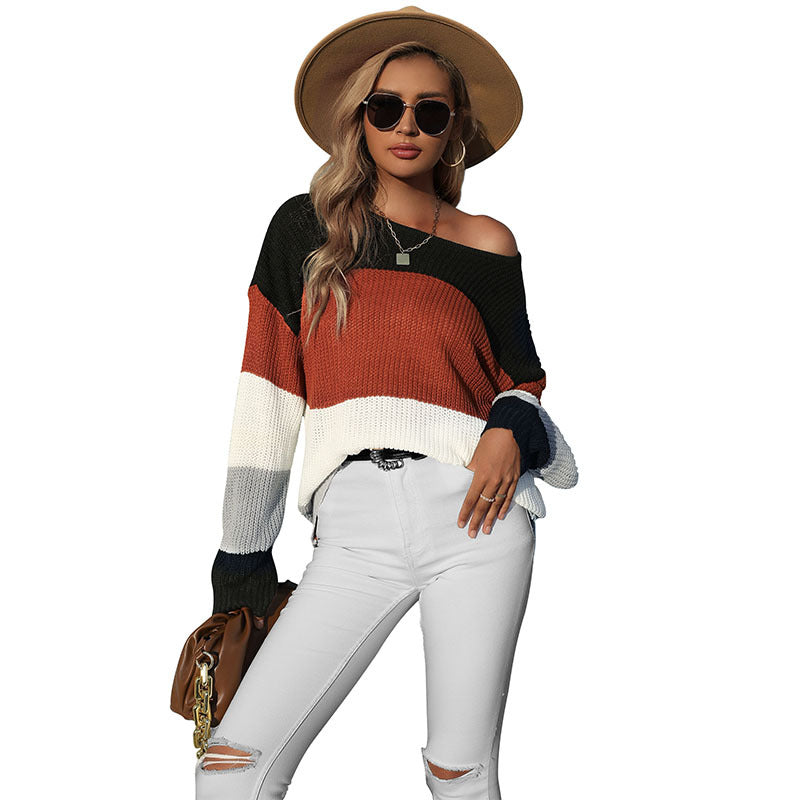 Mid-Length Color-Block Knit Sweater with Crewneck