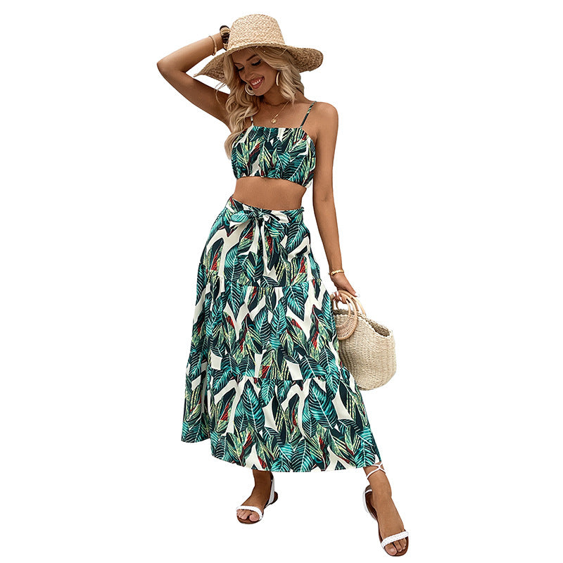 Tropical Leaf Print Two-Piece Set with Cami Crop Top and Tie-Waist Maxi Skirt