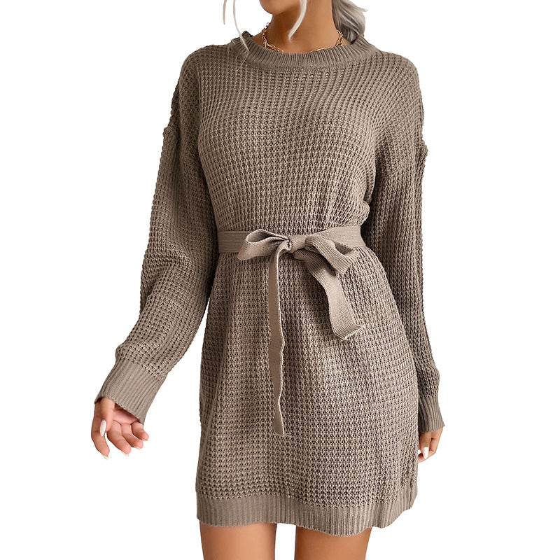 Loose Waffle Knit Mini Sweater Dress with Self-Tie Waist