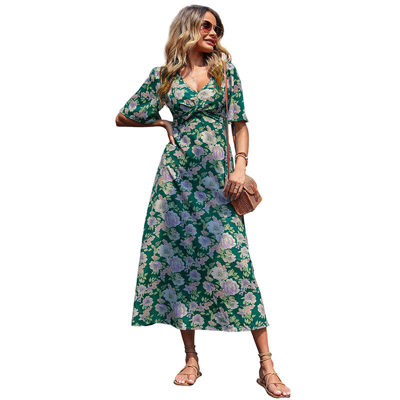Floral Print A-Line Midi Dress with V-Neck and Short Sleeves