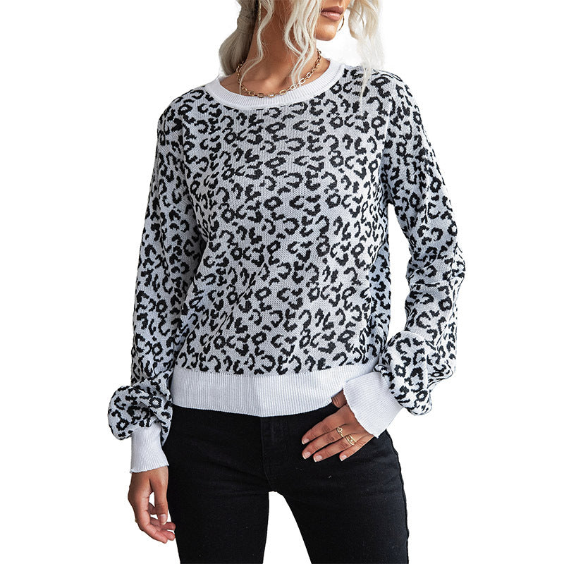 Leopard Print Pullover Sweater with Crewneck and Ribbed Trim