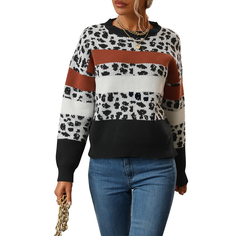 Leopard Print Color-Block Sweater with Round Neck