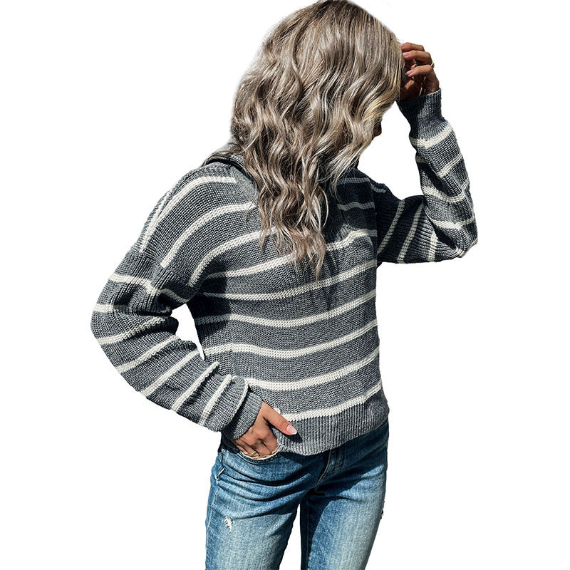 Oversized Striped Knit Sweater with Half-Zip Lapel