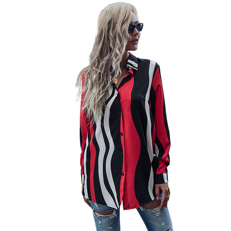 Oversized Striped Button-Down Shirt with Turn-Down Collar