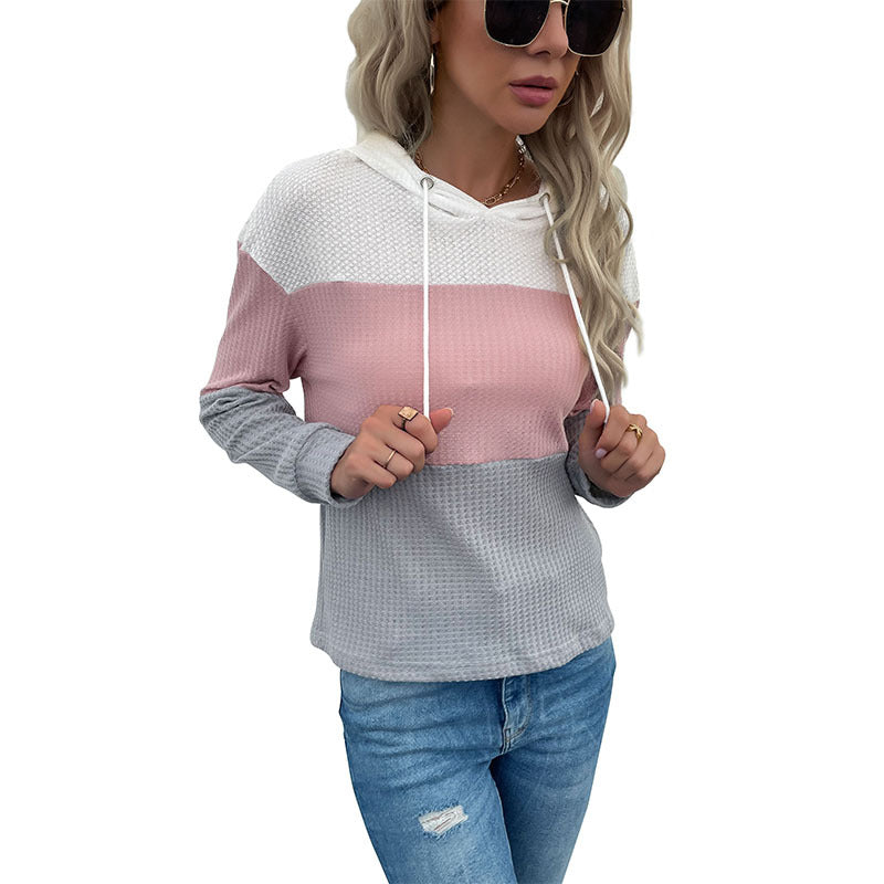 Color-Blocked Waffle Knit Hoodie with Long Sleeves