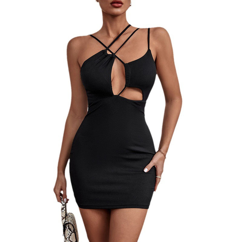 Ribbed Bodycon Mini Dress with Criss-Cross Straps and Cut-Outs