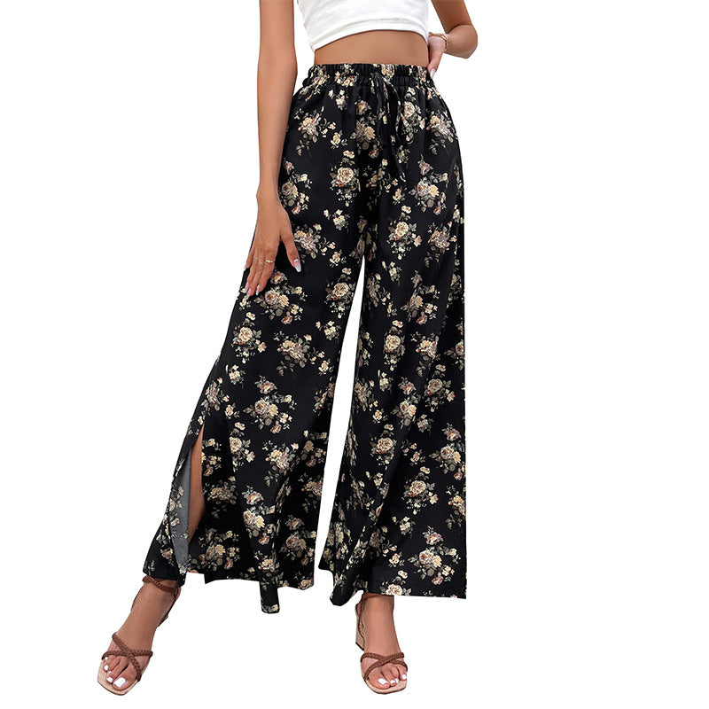 Floral Print Wide-Leg Pants with Split Hem