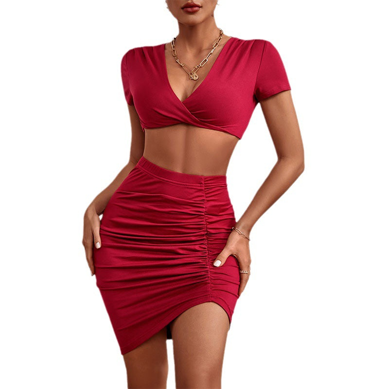 Ruched Bodycon Mini Skirt Set with Wrap Front Crop Top
