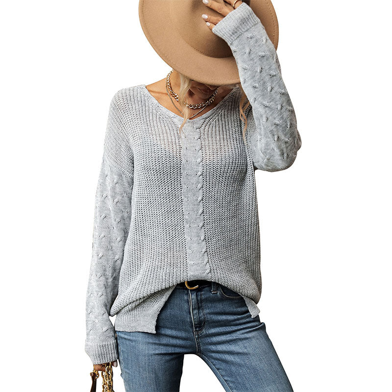 Textured V-Neck Knit Pullover with Side Slits