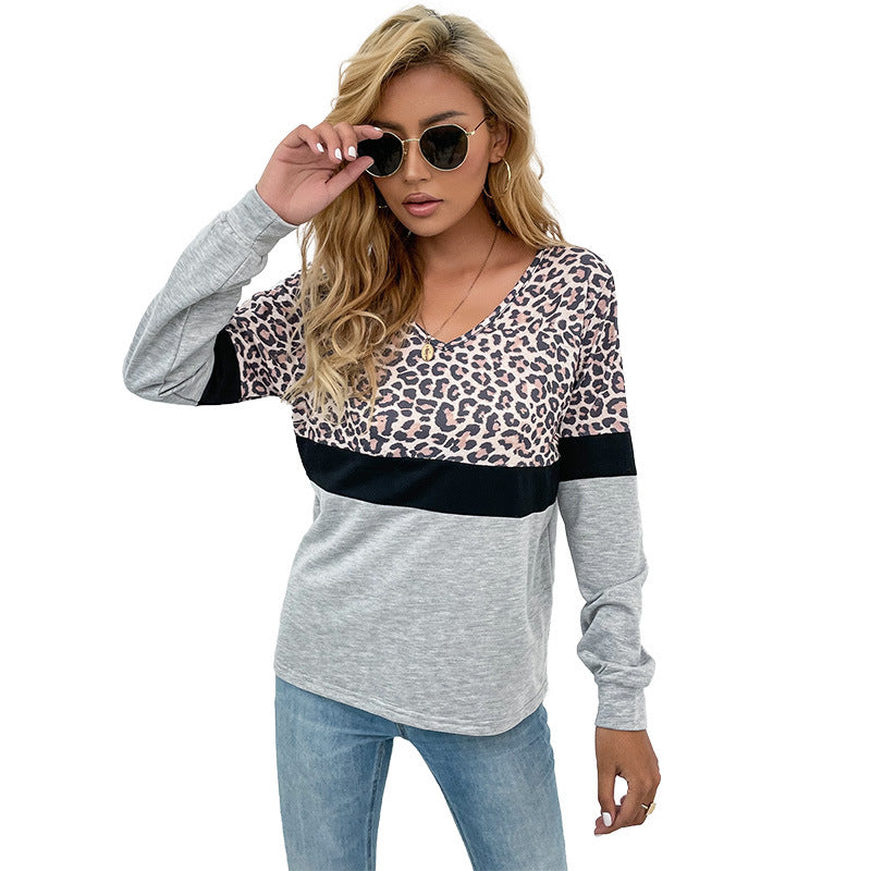 Leopard Print Color Block Long-Sleeve Top with V-Neck