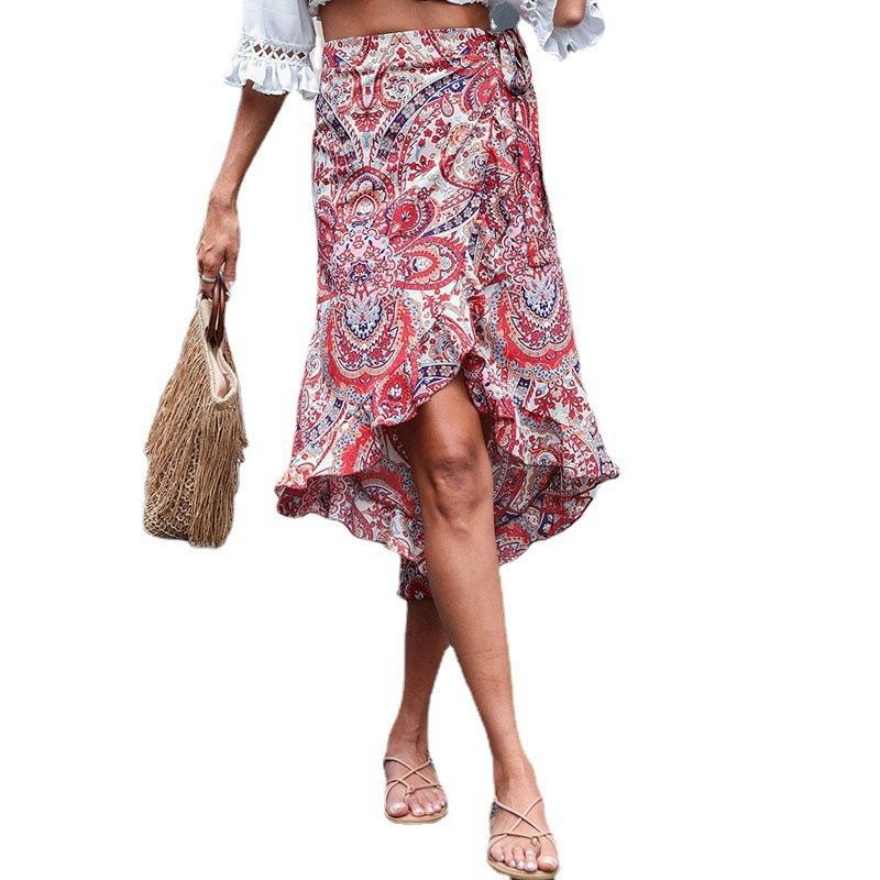 Paisley Print High-Low Wrap Skirt with Ruffle Hem