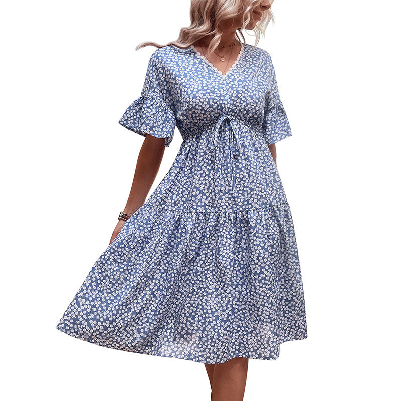 Ditsy Floral Tiered Midi Dress with V-Neck and Drawstring Waist